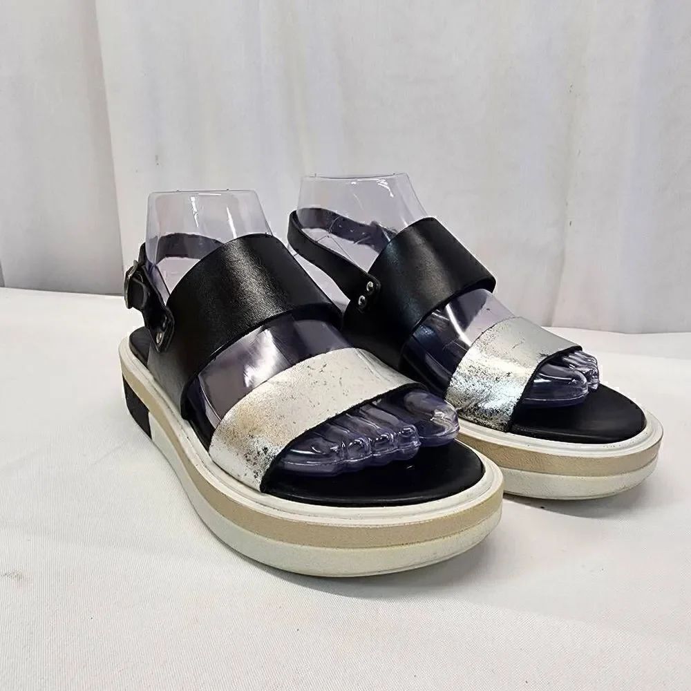 Carlo Pera Black and Metallic Leather Double Strap Platform Sandals Size 37EU 6.